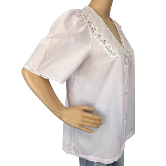 2/$30 Vintage 80s Barbizon Pajama Top Pale Pink Button Lace Embroidered Size M - Picture 4 of 8
